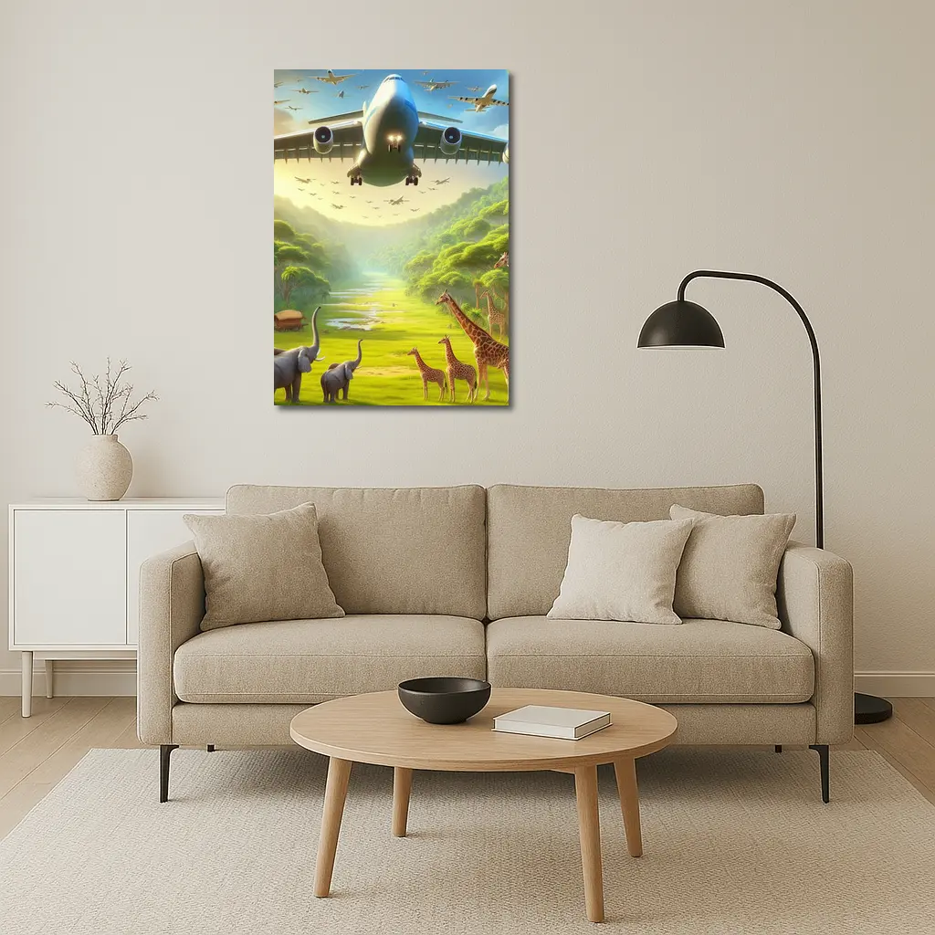Airplane Flying Over Safari Wildlife Scene – Wall Art