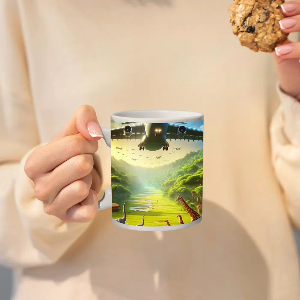 Airplane Flying Over Safari Wildlife Scene – Mugs