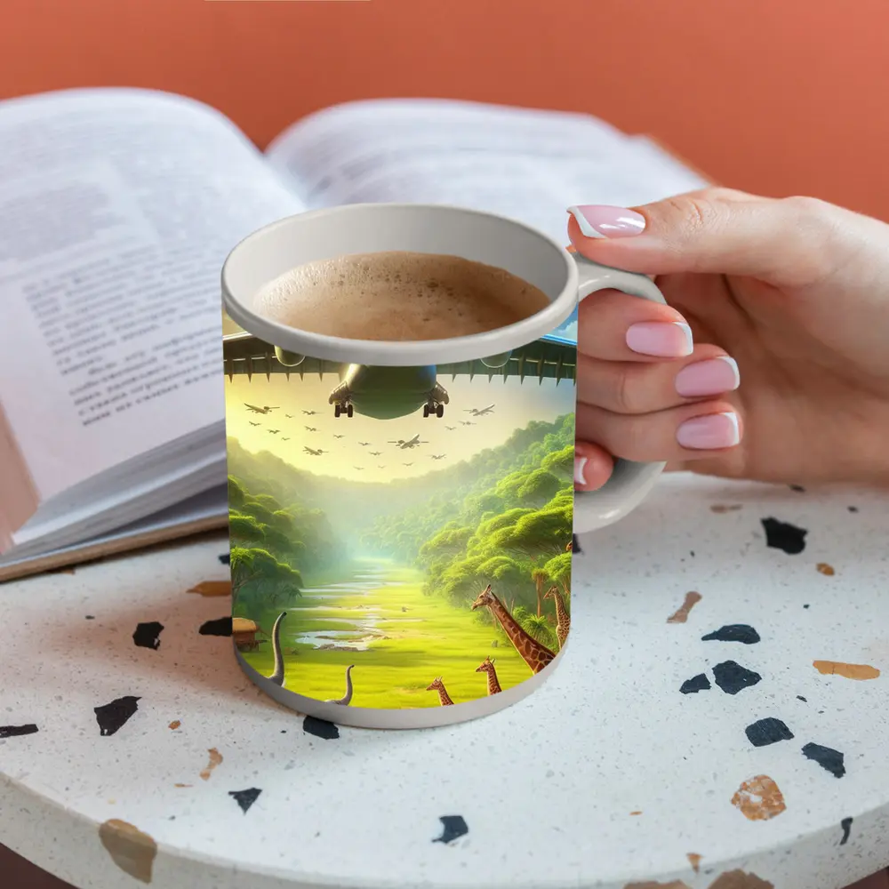 Airplane Flying Over Safari Wildlife Scene – Mugs