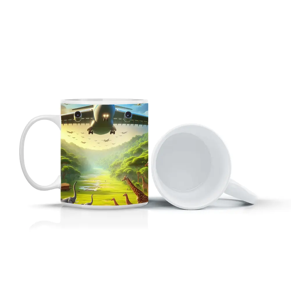 Airplane Flying Over Safari Wildlife Scene – Mugs