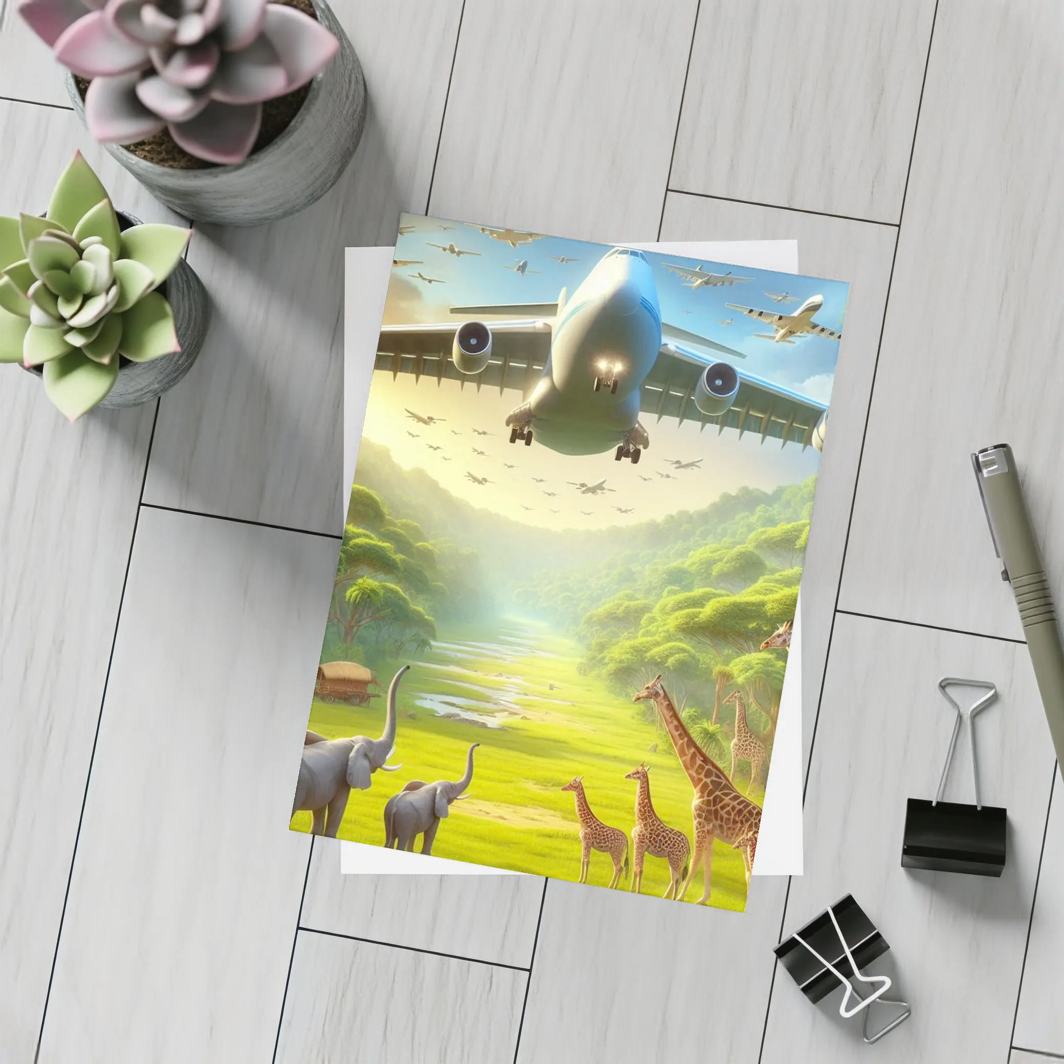 Airplane Flying Over Safari Wildlife Scene – Postcards
