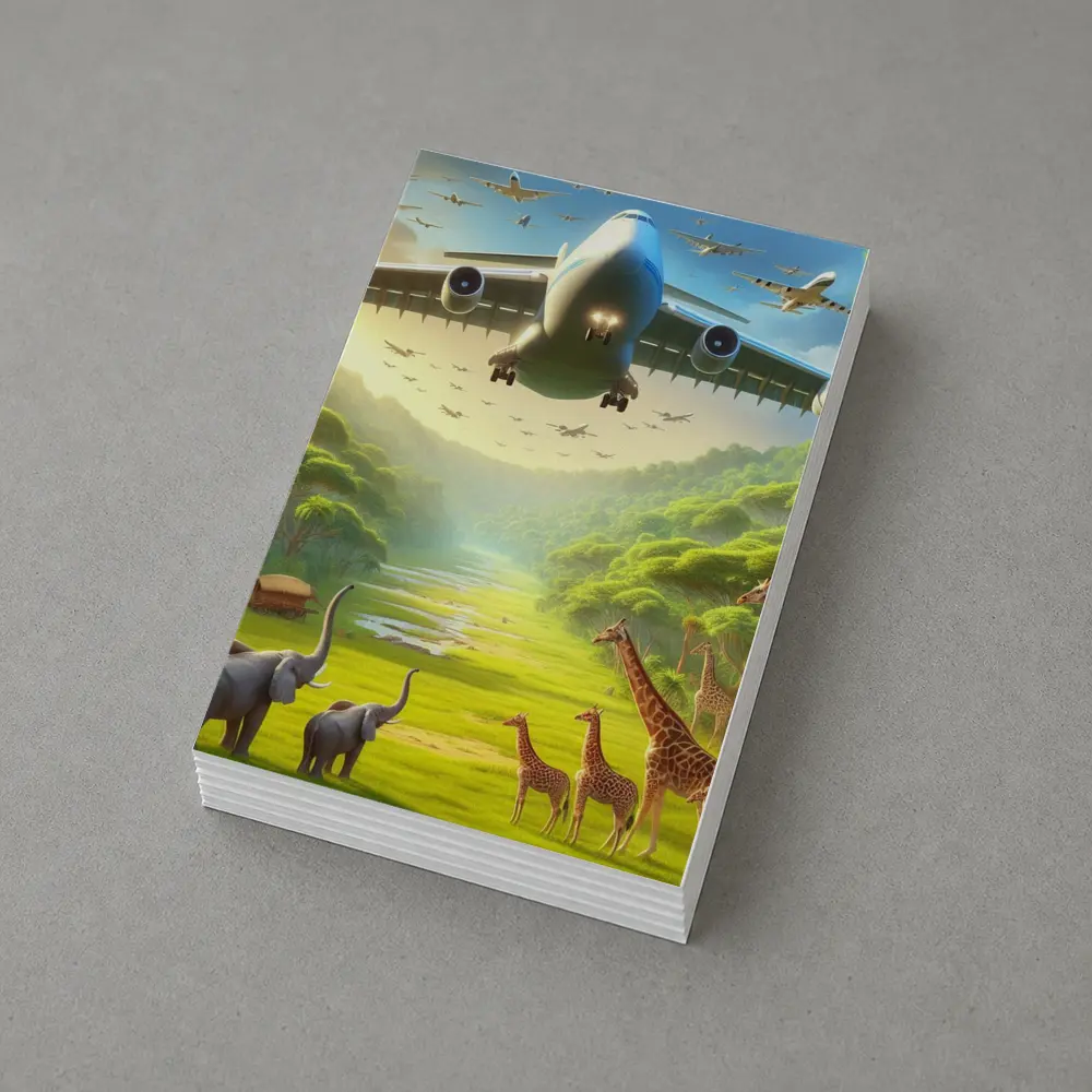Airplane Flying Over Safari Wildlife Scene – Postcards