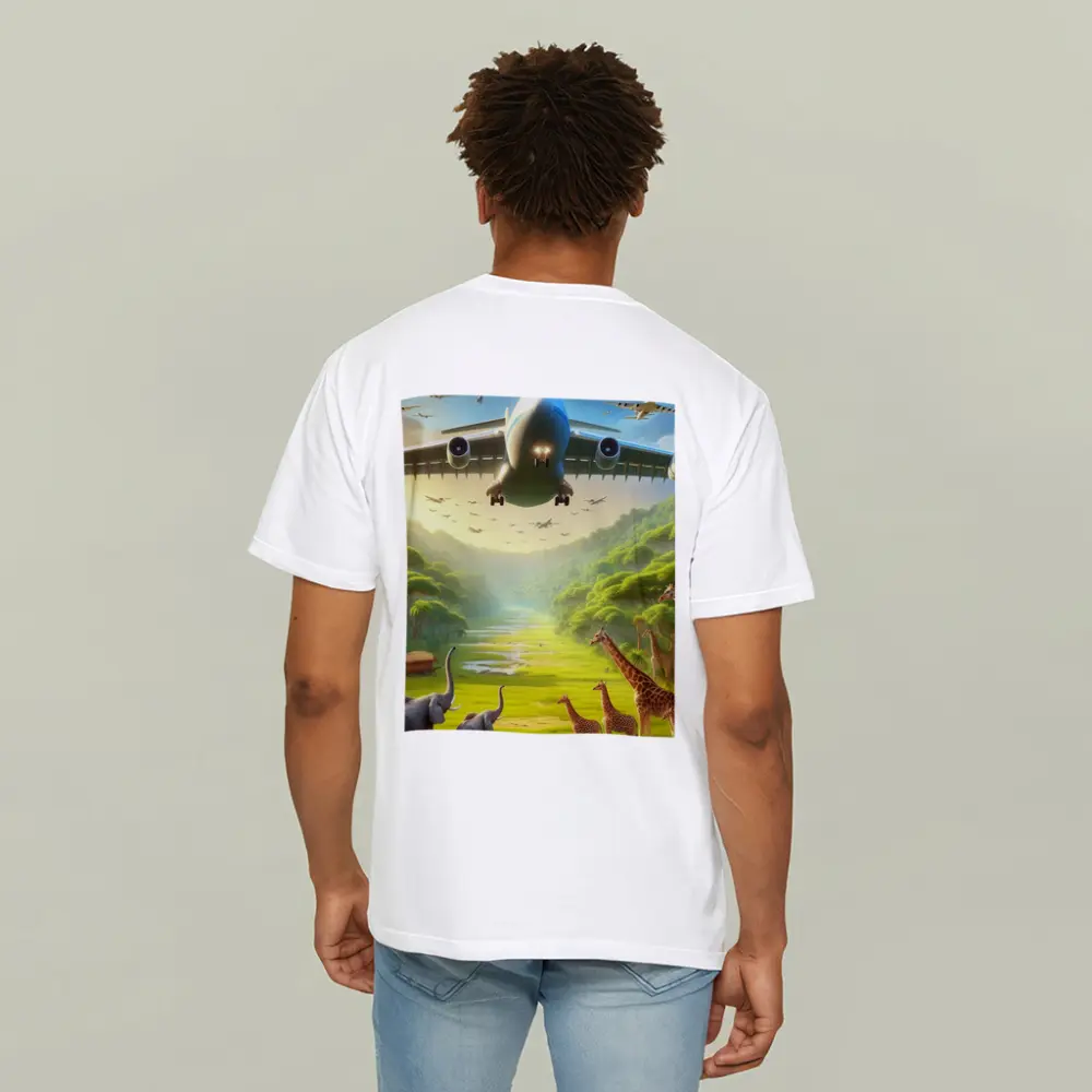 Airplane Flying Over Safari Wildlife Scene – T-Shirts