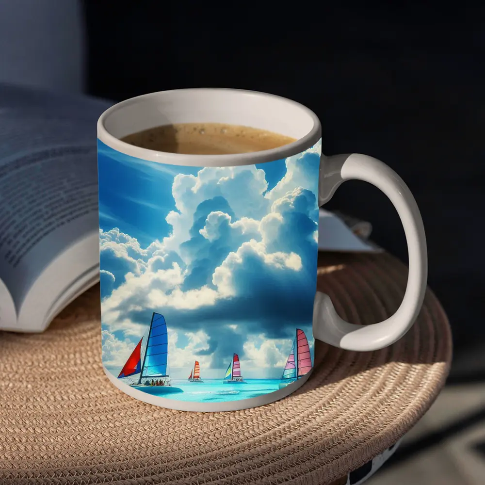 Colorful Sailboats On Turquoise Ocean Blue Sky – Mugs