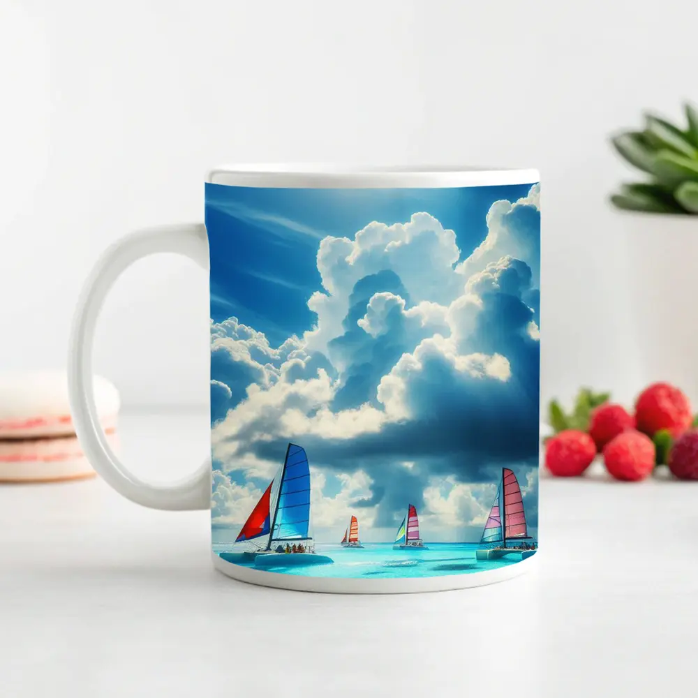 Colorful Sailboats On Turquoise Ocean Blue Sky – Mugs