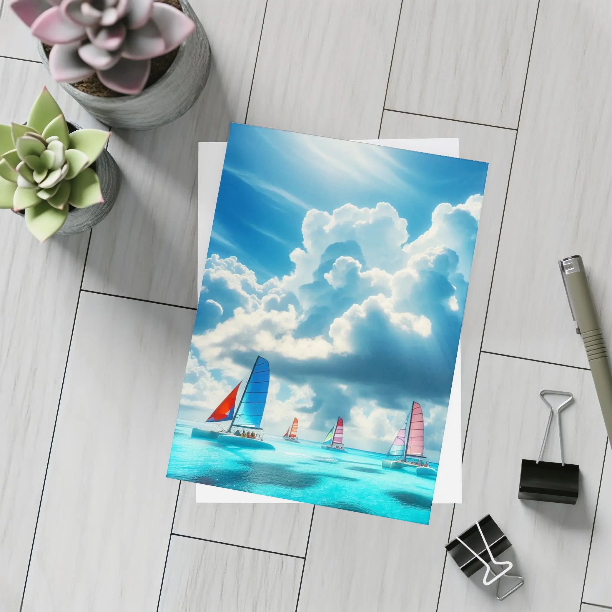 Colorful Sailboats On Turquoise Ocean Blue Sky – Postcards