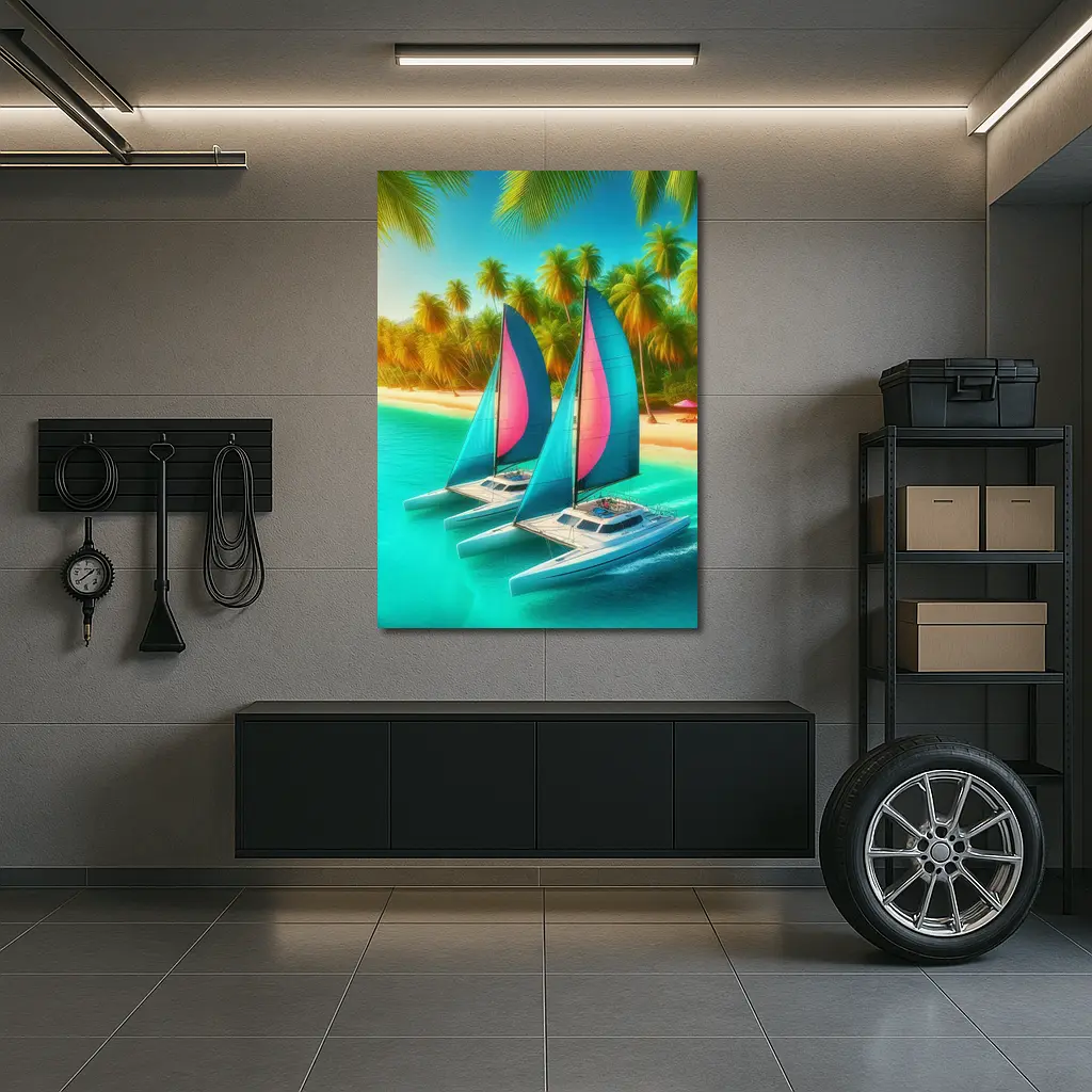 Catamarans Sailing Tropical Beach Palm Trees – Wall Art