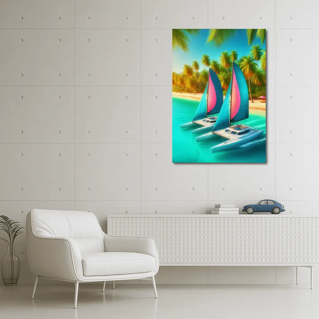Catamarans Sailing Tropical Beach Palm Trees – Wall Art