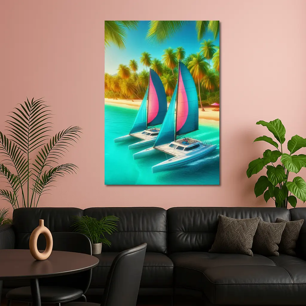 Catamarans Sailing Tropical Beach Palm Trees – Wall Art