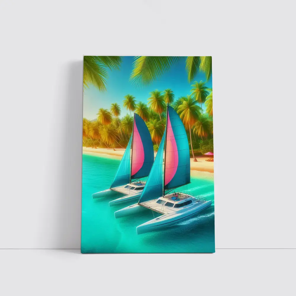 Catamarans Sailing Tropical Beach Palm Trees – Wall Art
