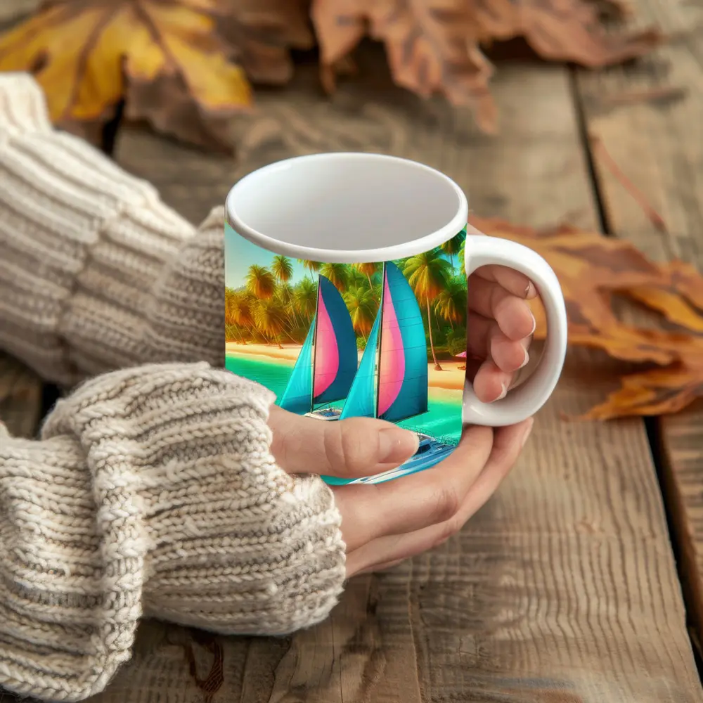 Catamarans Sailing Tropical Beach Palm Trees – Mugs