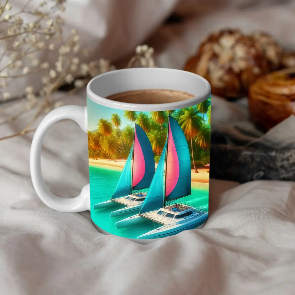 Catamarans Sailing Tropical Beach Palm Trees – Mugs