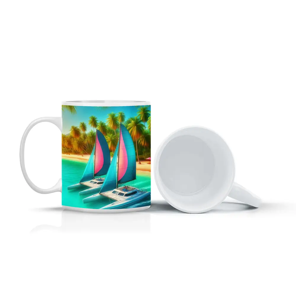 Catamarans Sailing Tropical Beach Palm Trees – Mugs