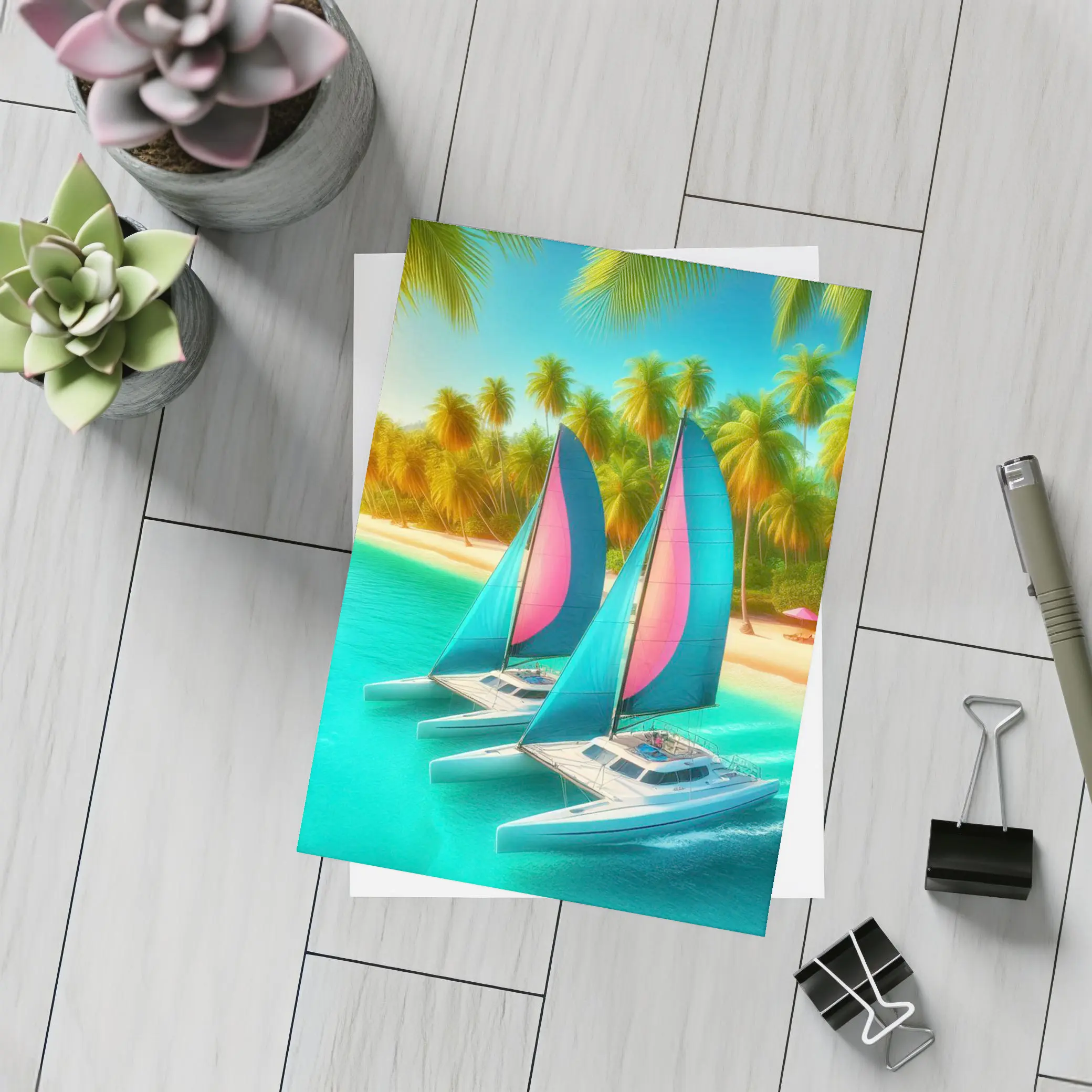 Catamarans Sailing Tropical Beach Palm Trees – Postcards