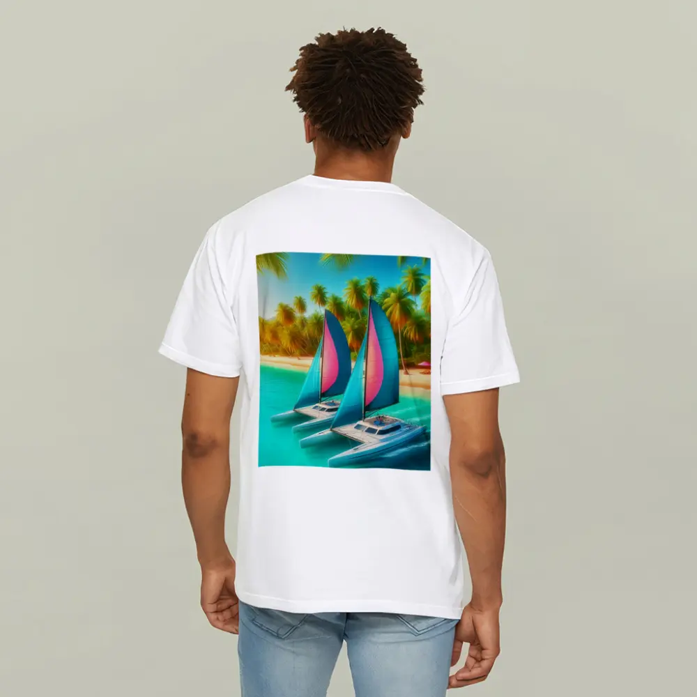 Catamarans Sailing Tropical Beach Palm Trees – T-Shirts