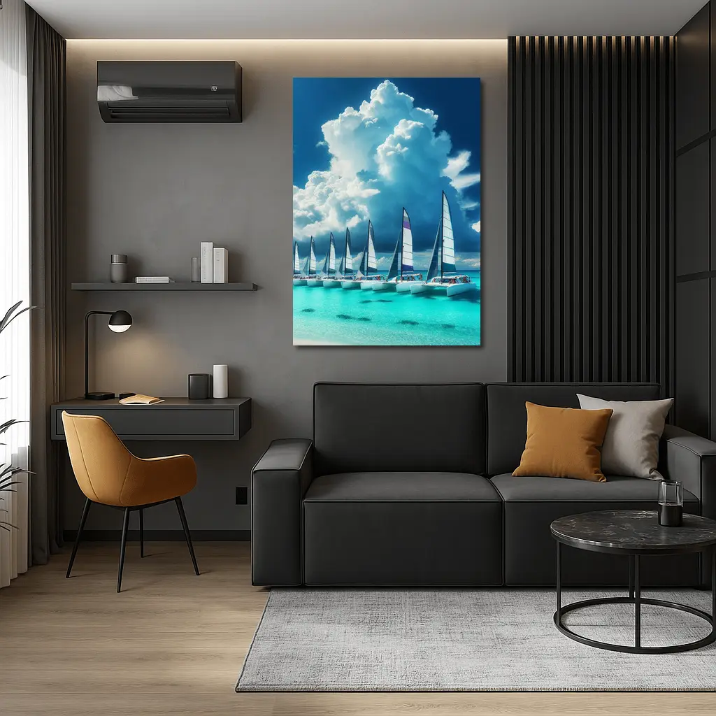 Catamarans Sailing Turquoise Ocean Dramatic Sky – Wall Art