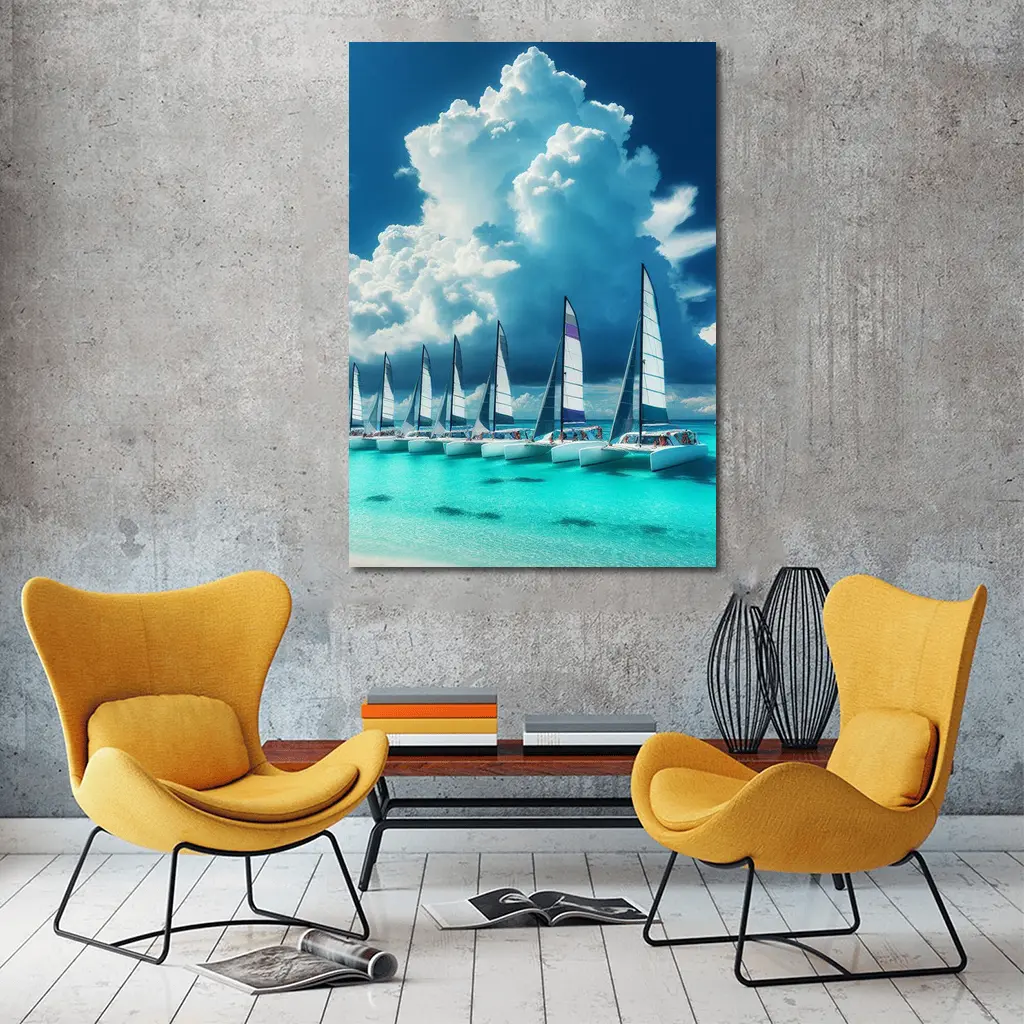 Catamarans Sailing Turquoise Ocean Dramatic Sky – Wall Art
