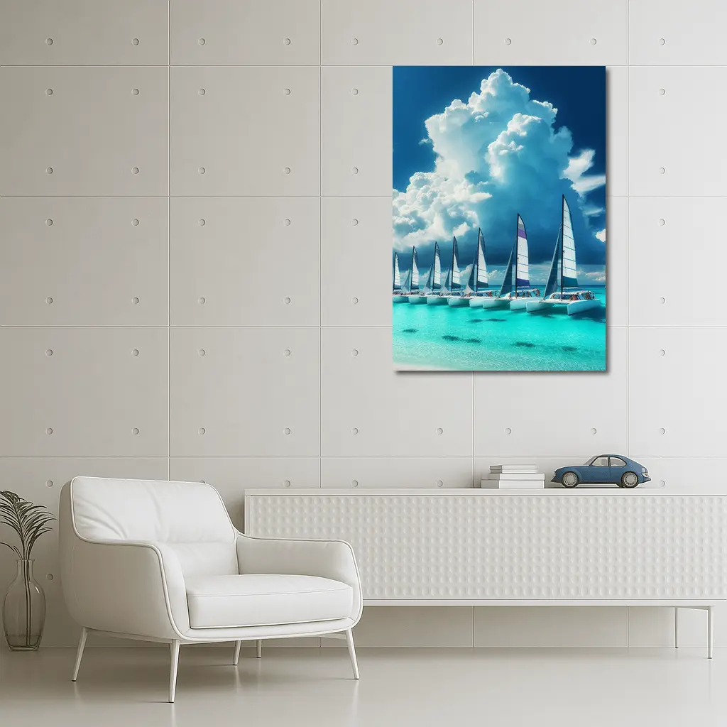 Catamarans Sailing Turquoise Ocean Dramatic Sky – Wall Art