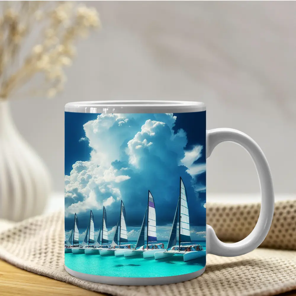 Catamarans Sailing Turquoise Ocean Dramatic Sky – Mugs