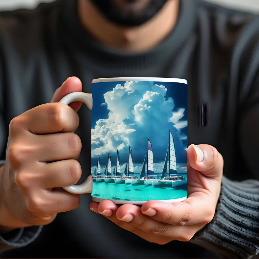 Catamarans Sailing Turquoise Ocean Dramatic Sky – Mugs