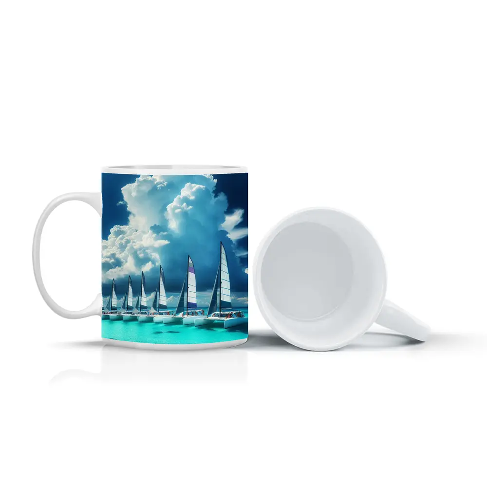 Catamarans Sailing Turquoise Ocean Dramatic Sky – Mugs