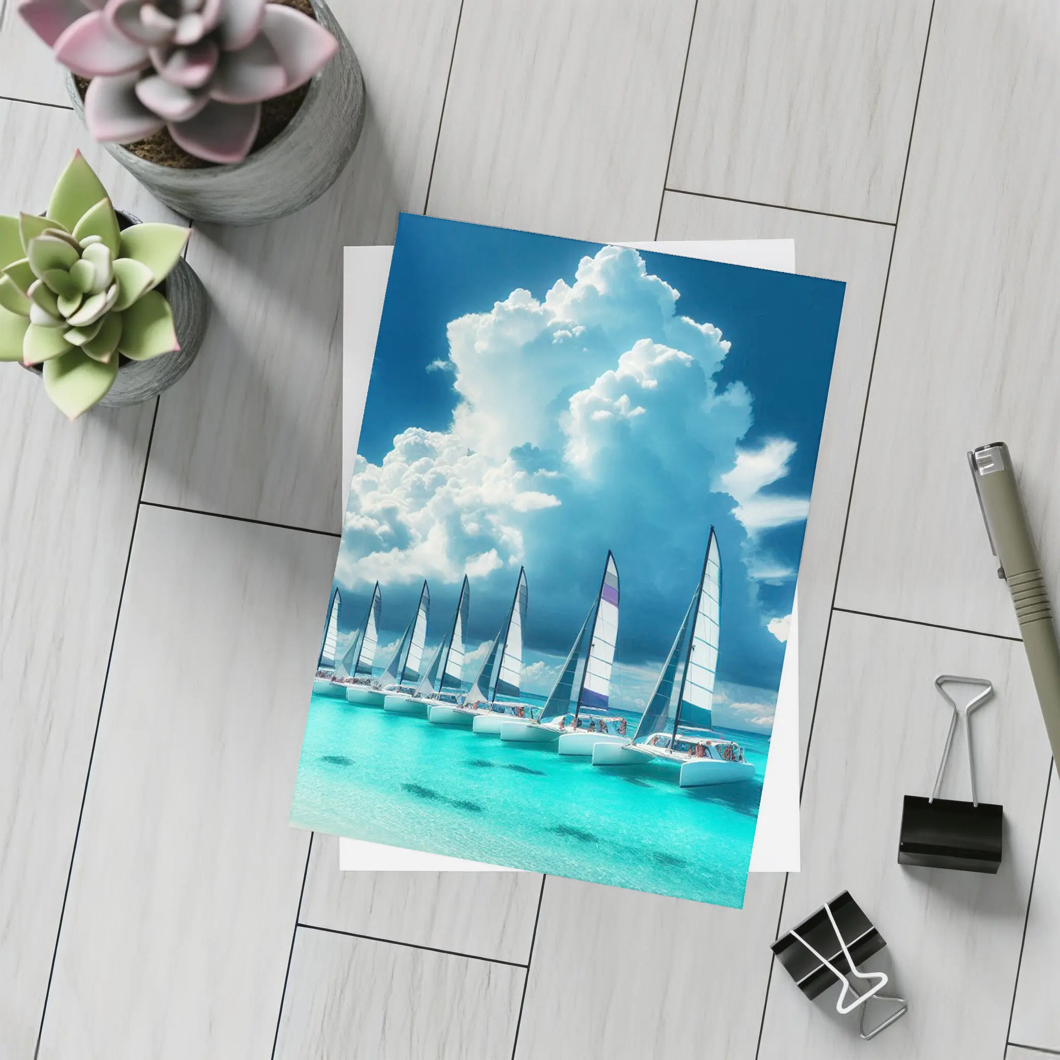 Catamarans Sailing Turquoise Ocean Dramatic Sky – Postcards
