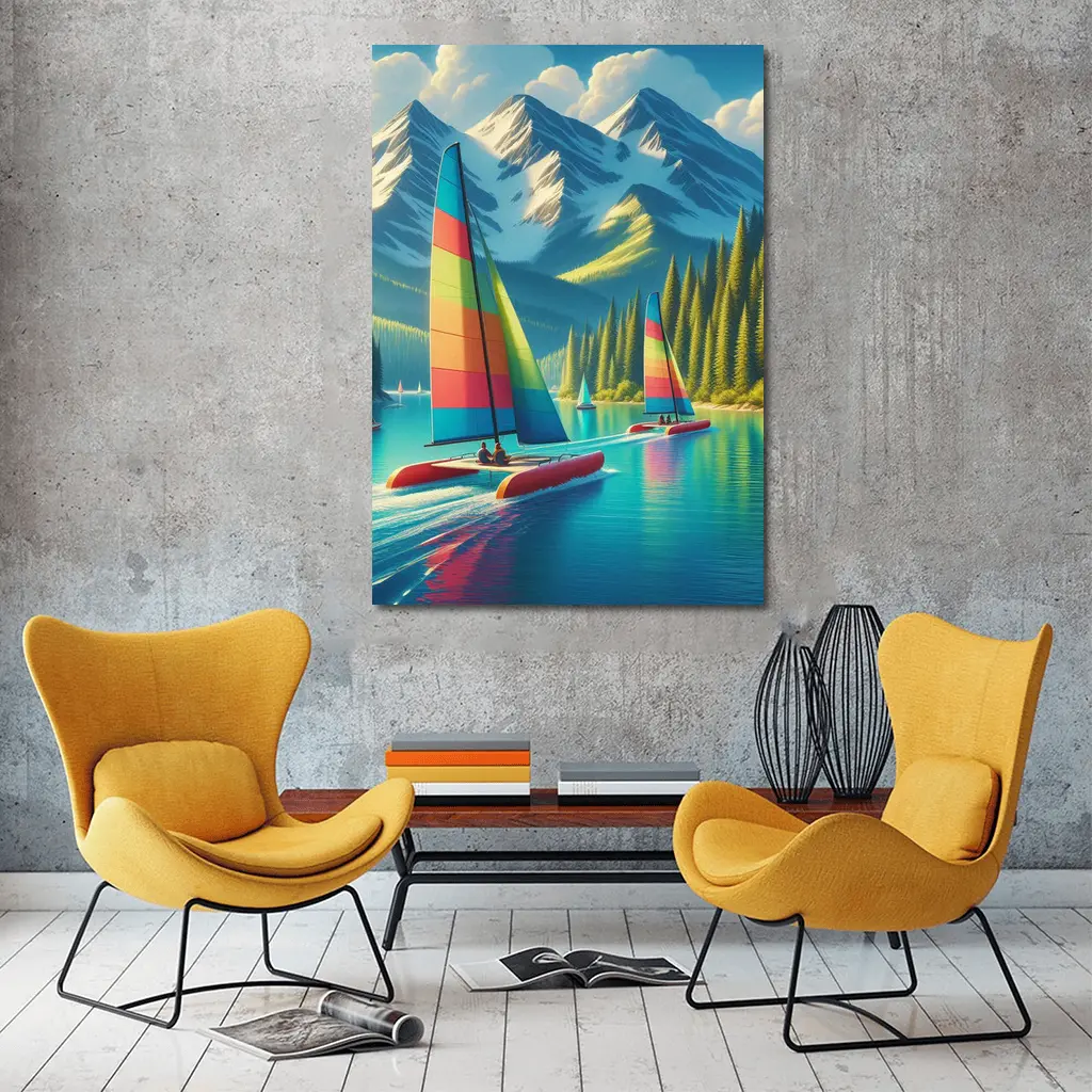 Colorful Catamarans Sailing Mountain Lake Scene – Wall Art