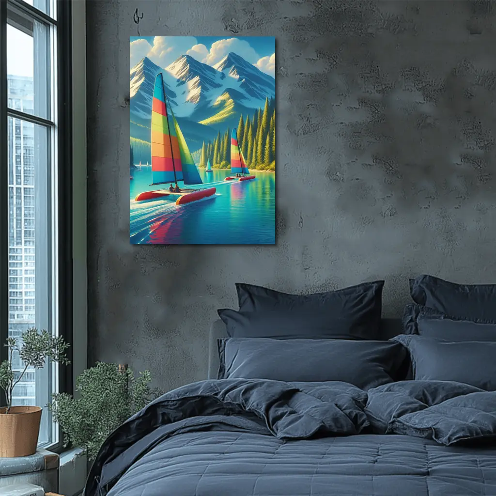 Colorful Catamarans Sailing Mountain Lake Scene – Wall Art