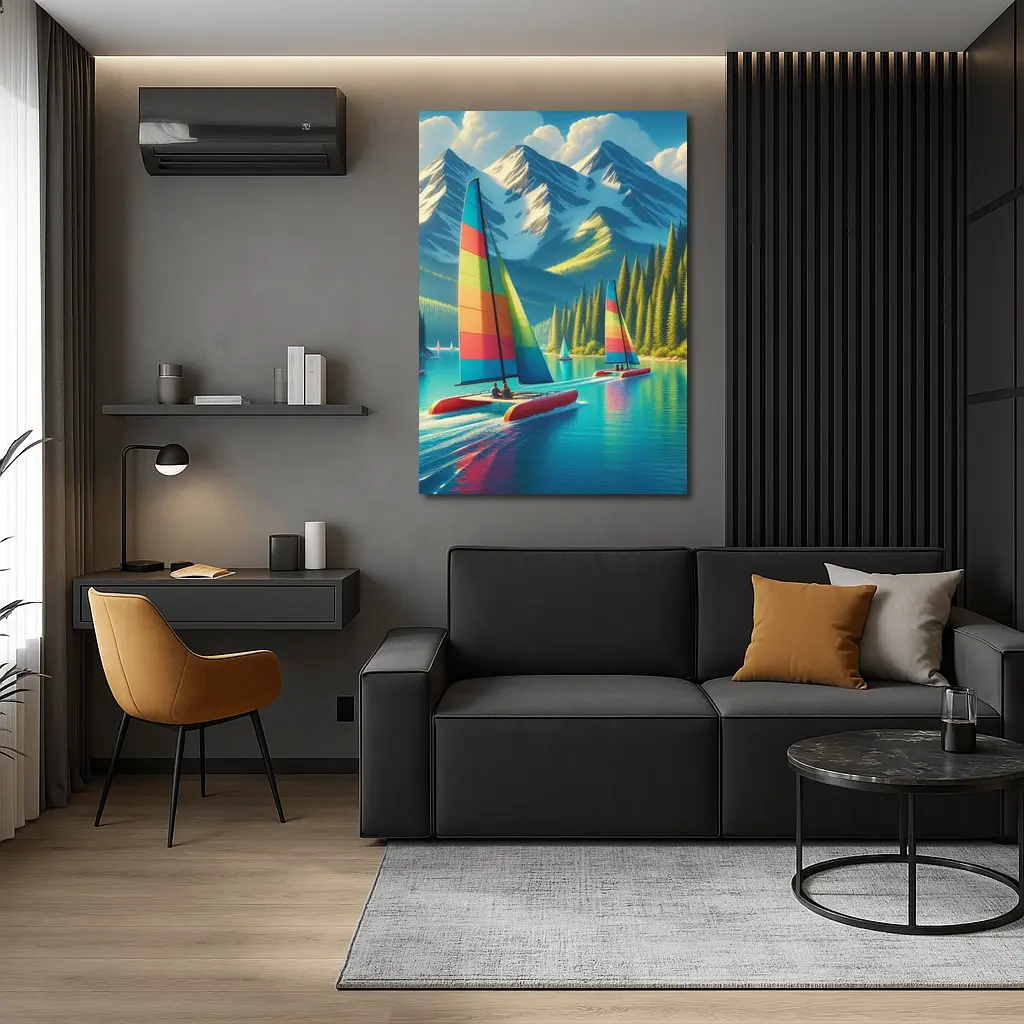 Colorful Catamarans Sailing Mountain Lake Scene – Wall Art