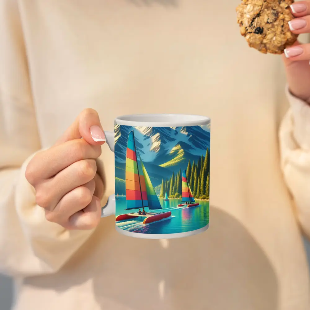 Colorful Catamarans Sailing Mountain Lake Scene – Mugs