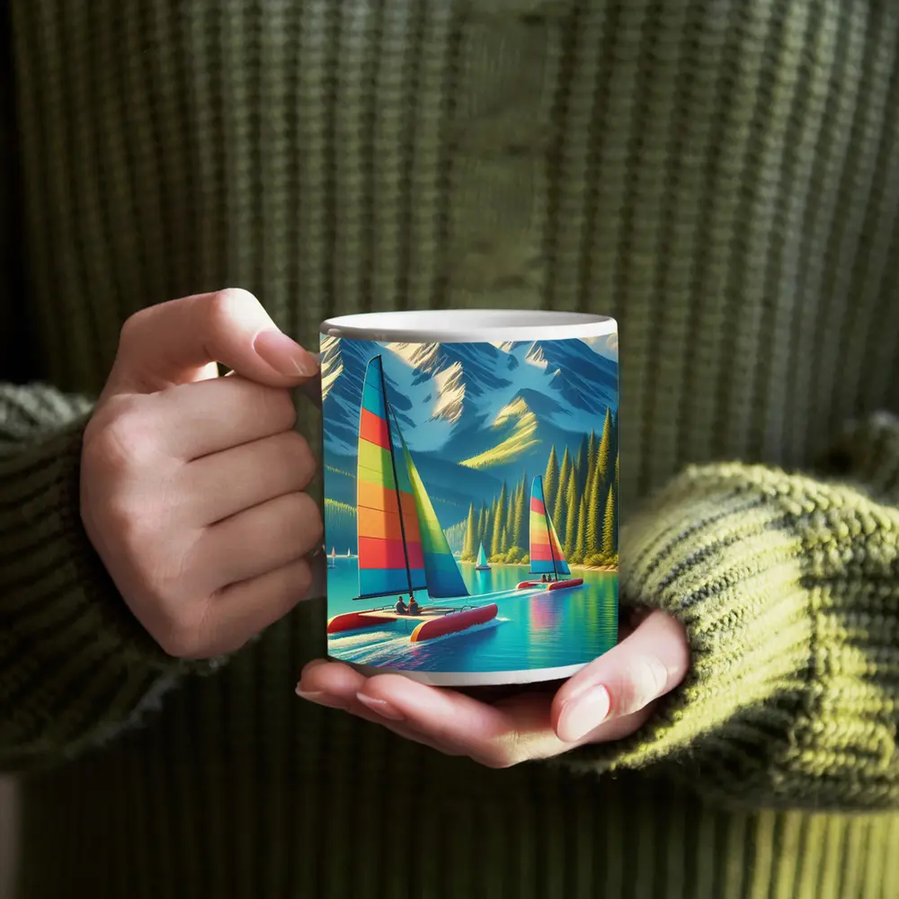 Colorful Catamarans Sailing Mountain Lake Scene – Mugs