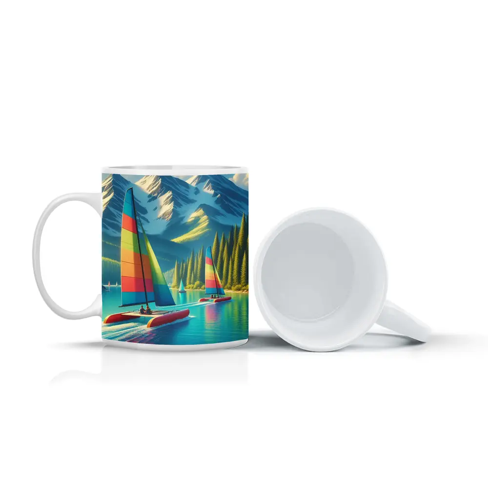Colorful Catamarans Sailing Mountain Lake Scene – Mugs