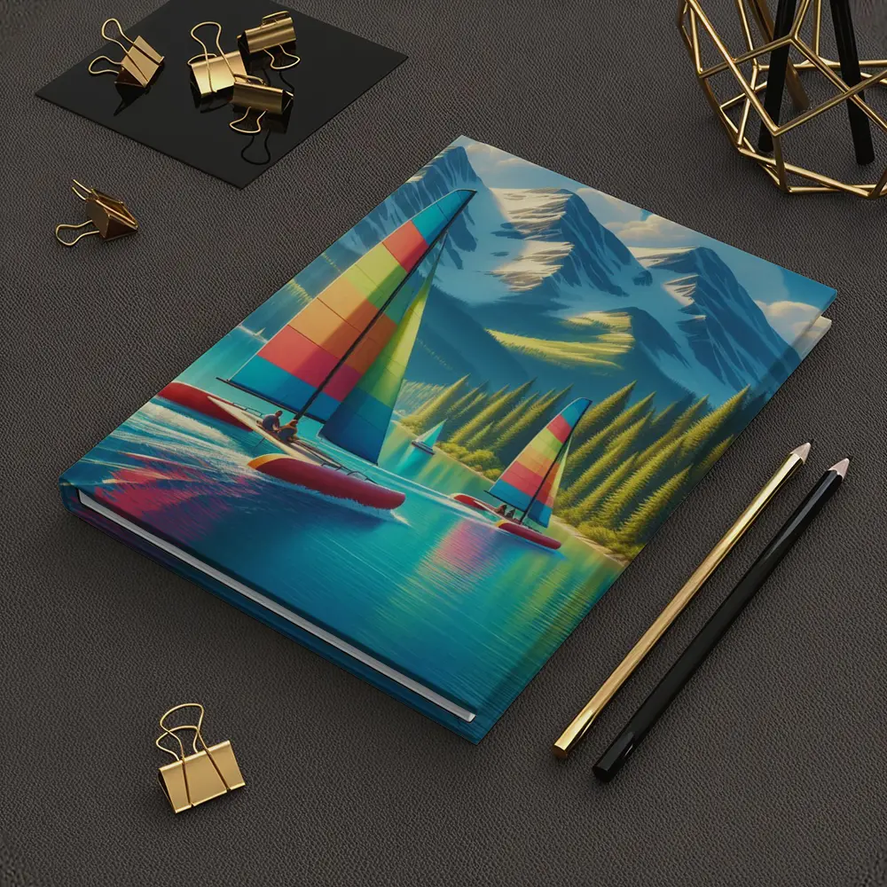 Colorful Catamarans Sailing Mountain Lake Scene – Notebooks