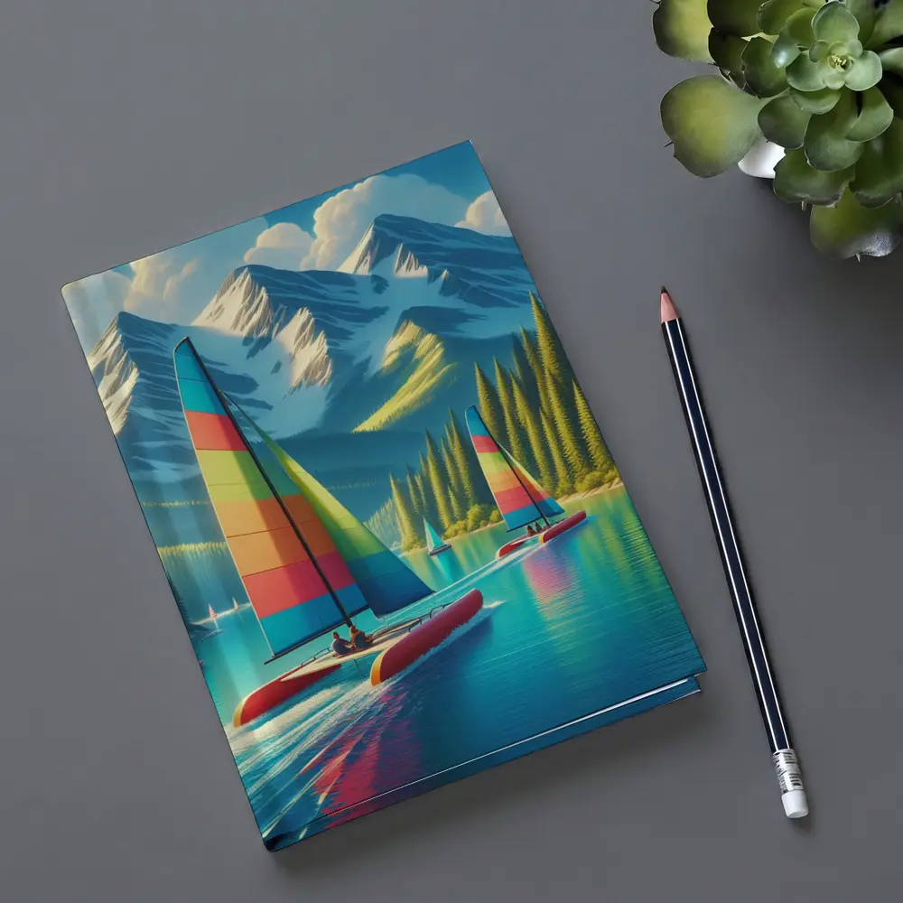 Colorful Catamarans Sailing Mountain Lake Scene – Notebooks