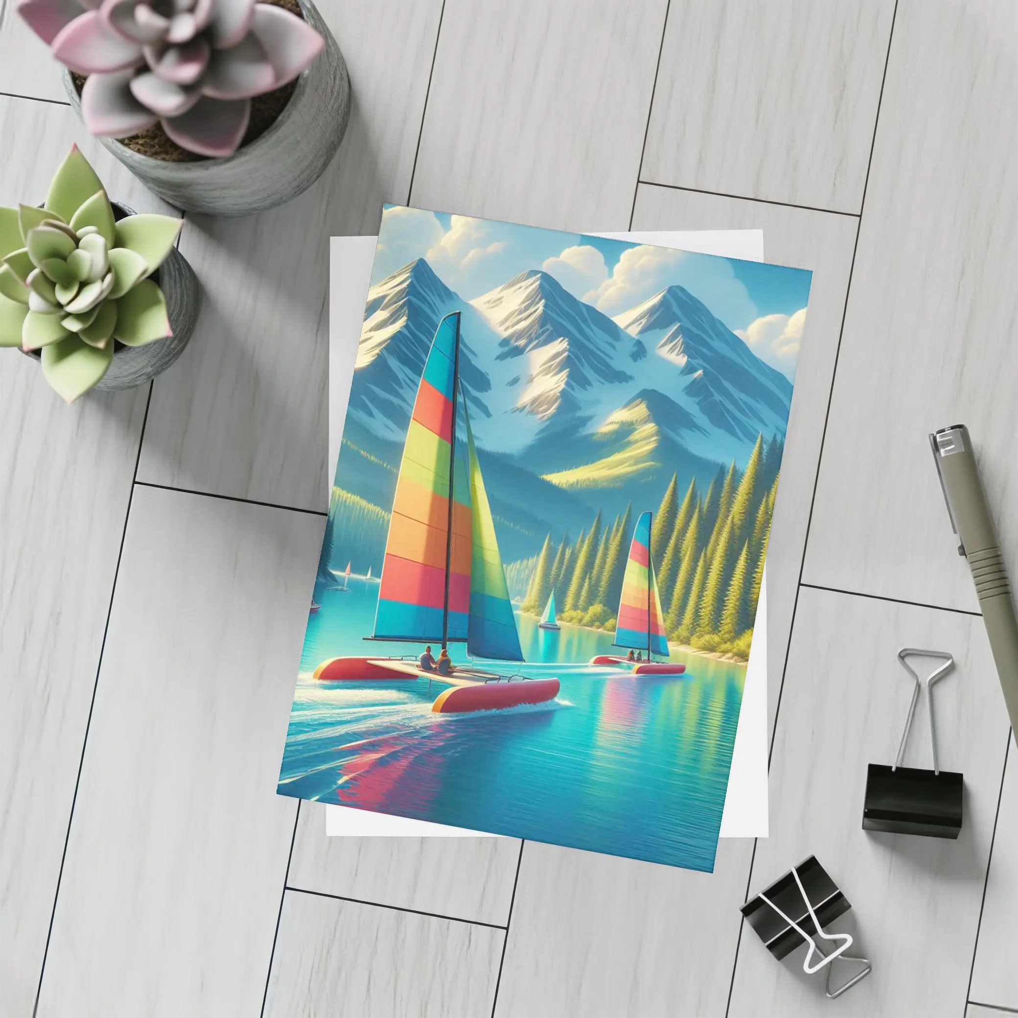 Colorful Catamarans Sailing Mountain Lake Scene – Postcards