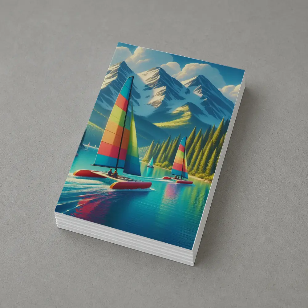 Colorful Catamarans Sailing Mountain Lake Scene – Postcards