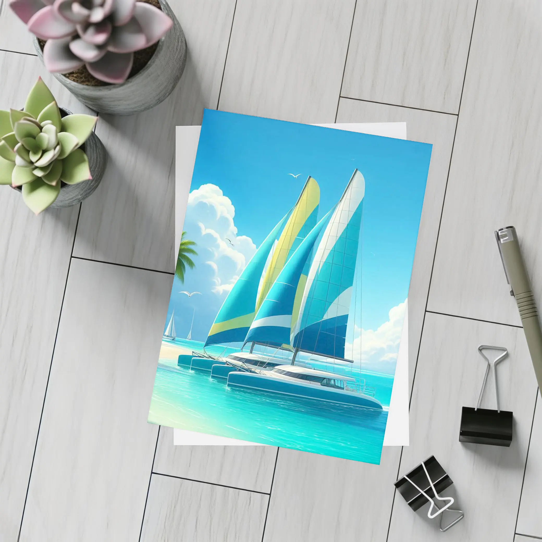 Catamarans Sailing Tropical Blue Ocean Beach – Postcards