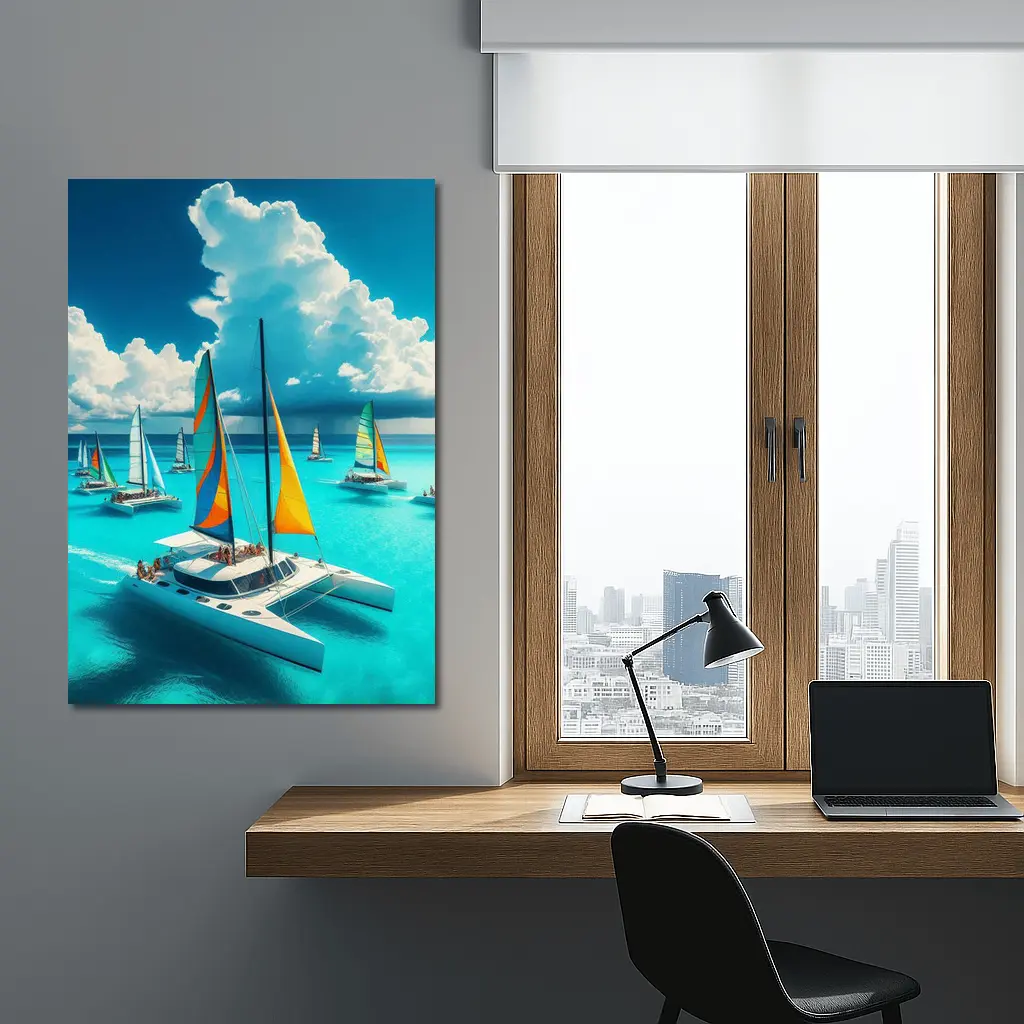 Colorful Catamarans Sailing Turquoise Tropical Ocean – Wall Art
