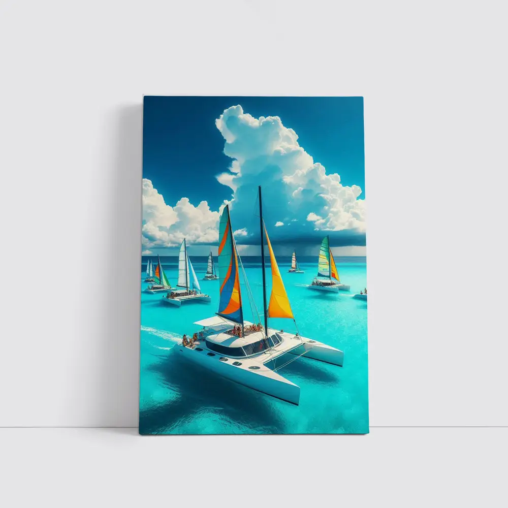 Colorful Catamarans Sailing Turquoise Tropical Ocean – Wall Art