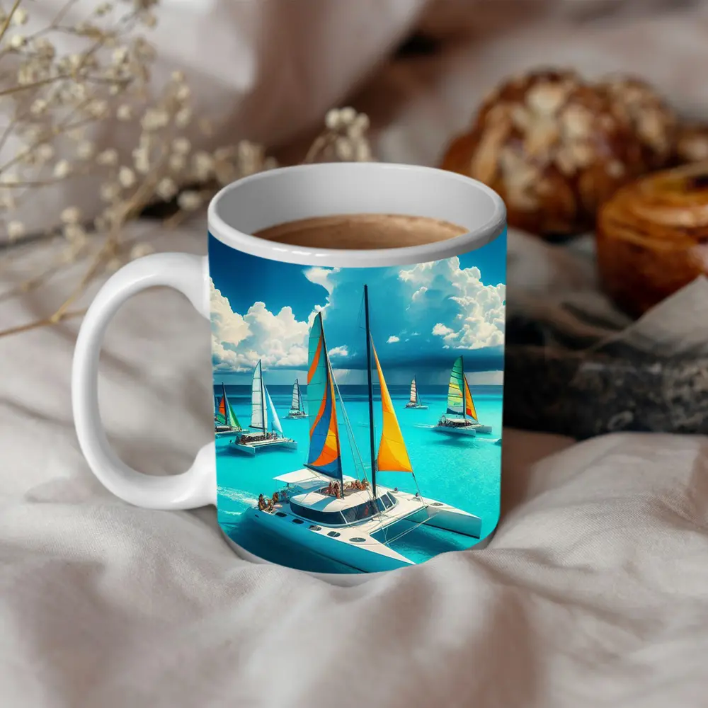 Colorful Catamarans Sailing Turquoise Tropical Ocean – Mugs
