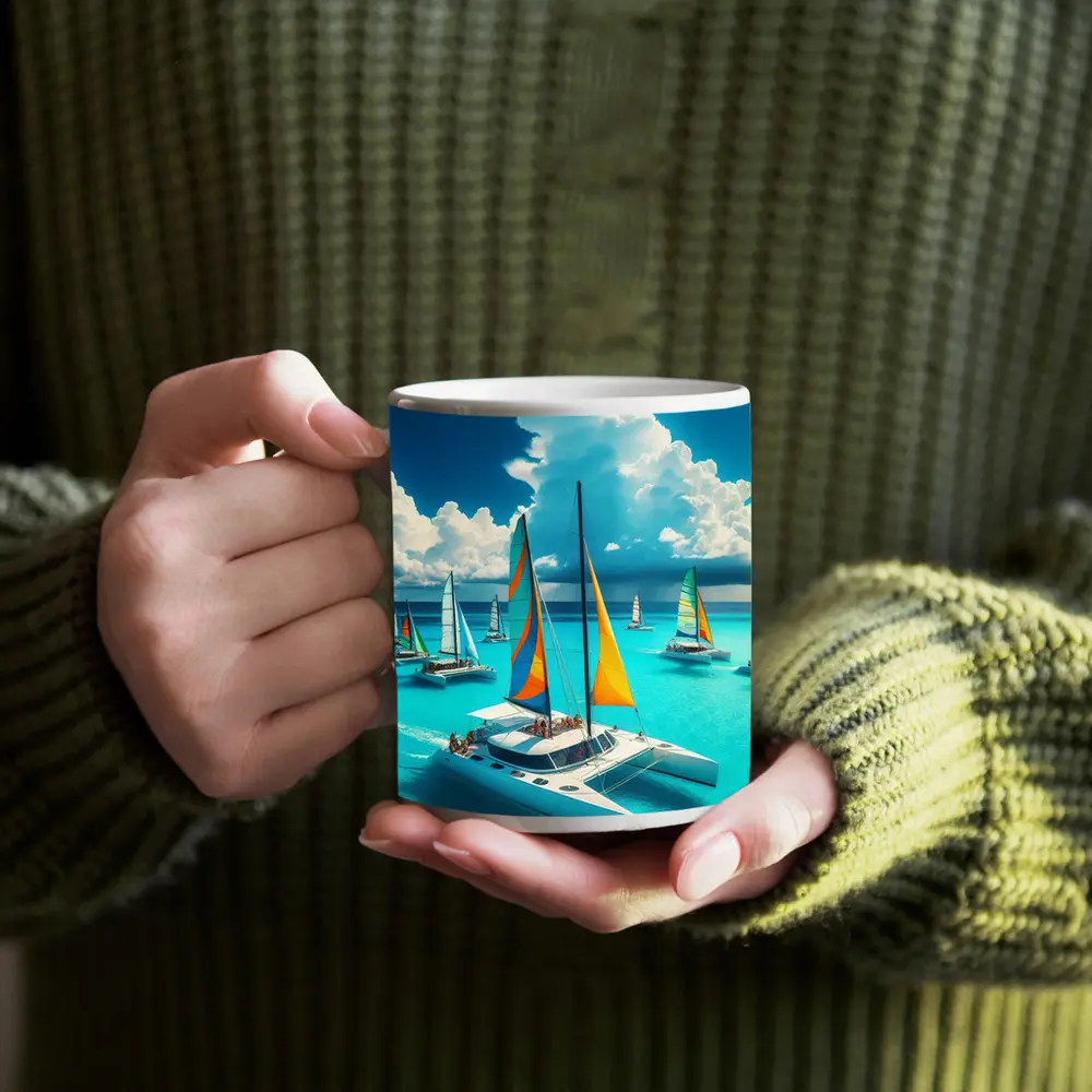 Colorful Catamarans Sailing Turquoise Tropical Ocean – Mugs