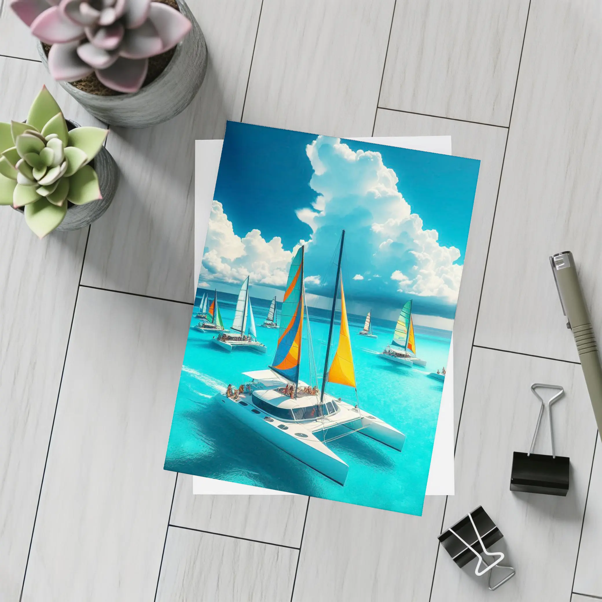 Colorful Catamarans Sailing Turquoise Tropical Ocean – Postcards