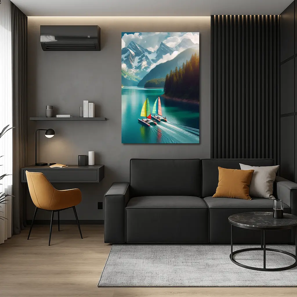 Colorful Sailboats on Turquoise Mountain Lake – Wall Art