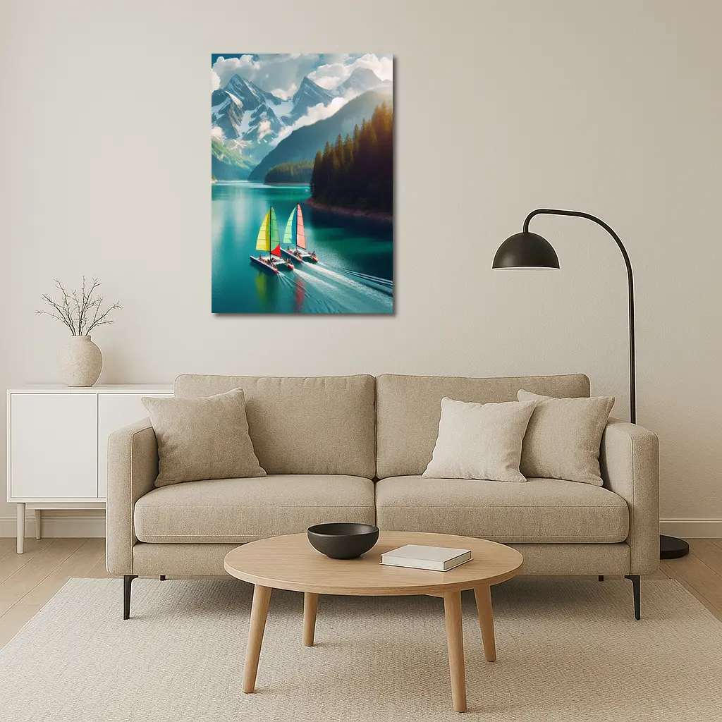 Colorful Sailboats on Turquoise Mountain Lake – Wall Art