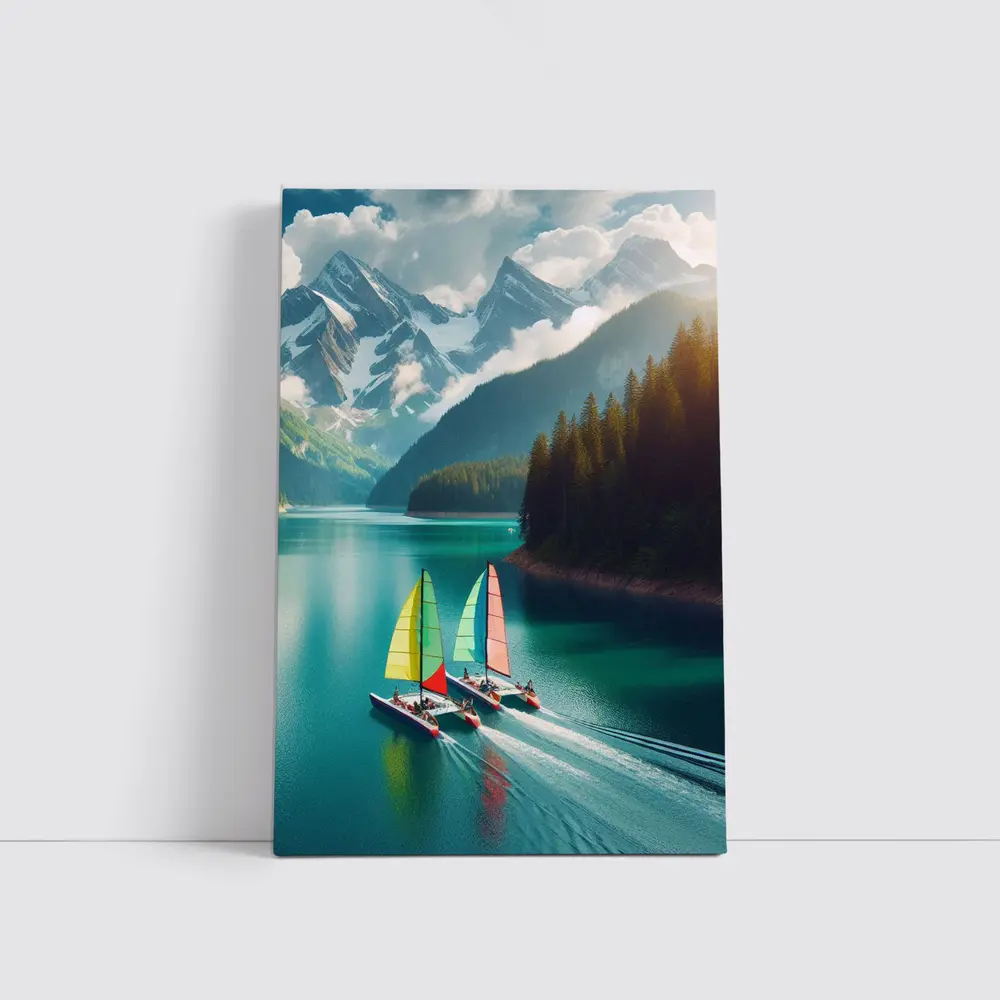Colorful Sailboats on Turquoise Mountain Lake – Wall Art