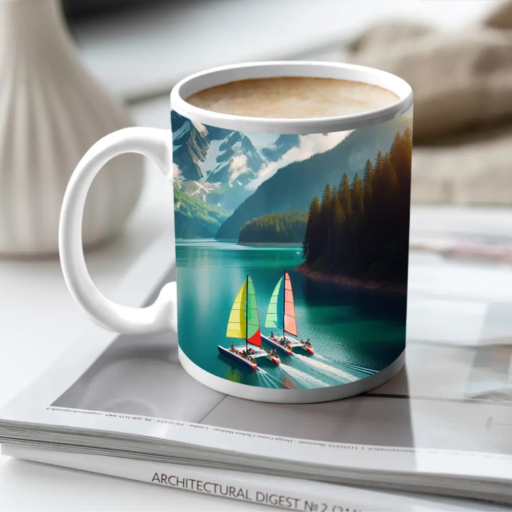 Colorful Sailboats on Turquoise Mountain Lake – Mugs