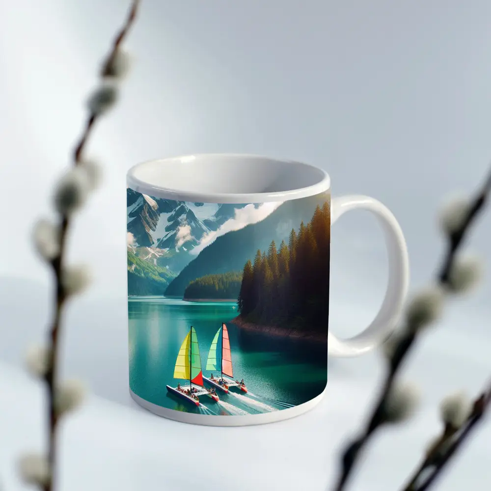 Colorful Sailboats on Turquoise Mountain Lake – Mugs