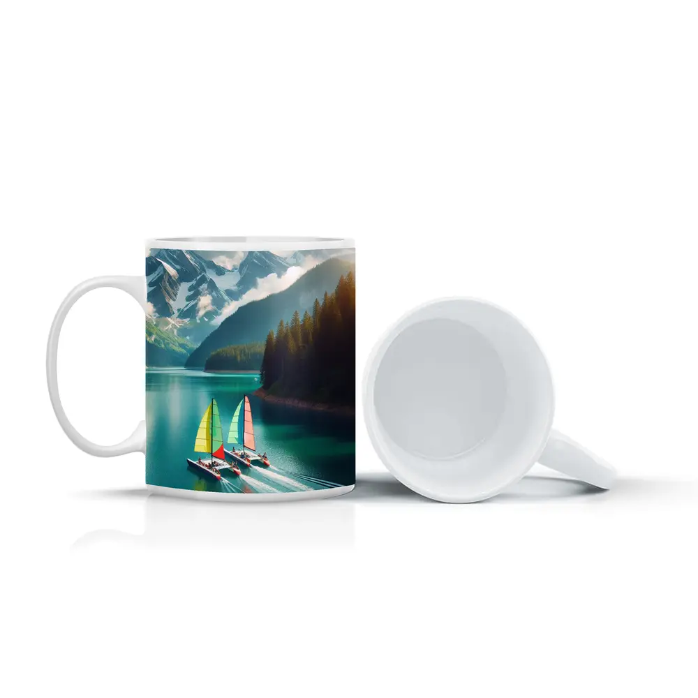 Colorful Sailboats on Turquoise Mountain Lake – Mugs