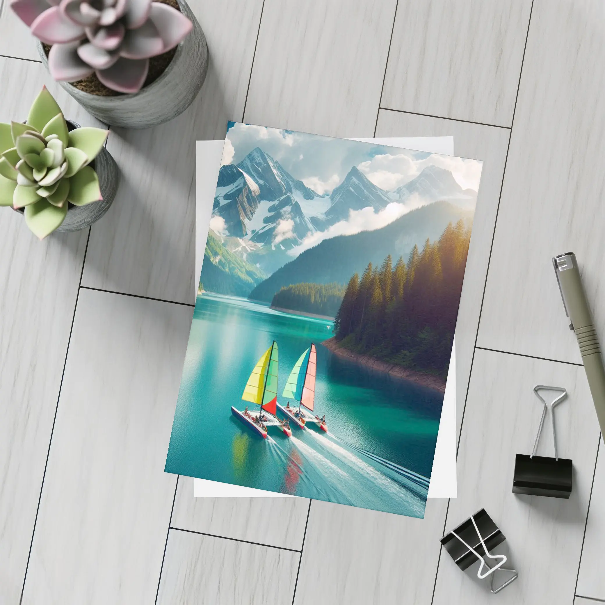 Colorful Sailboats on Turquoise Mountain Lake – Postcards