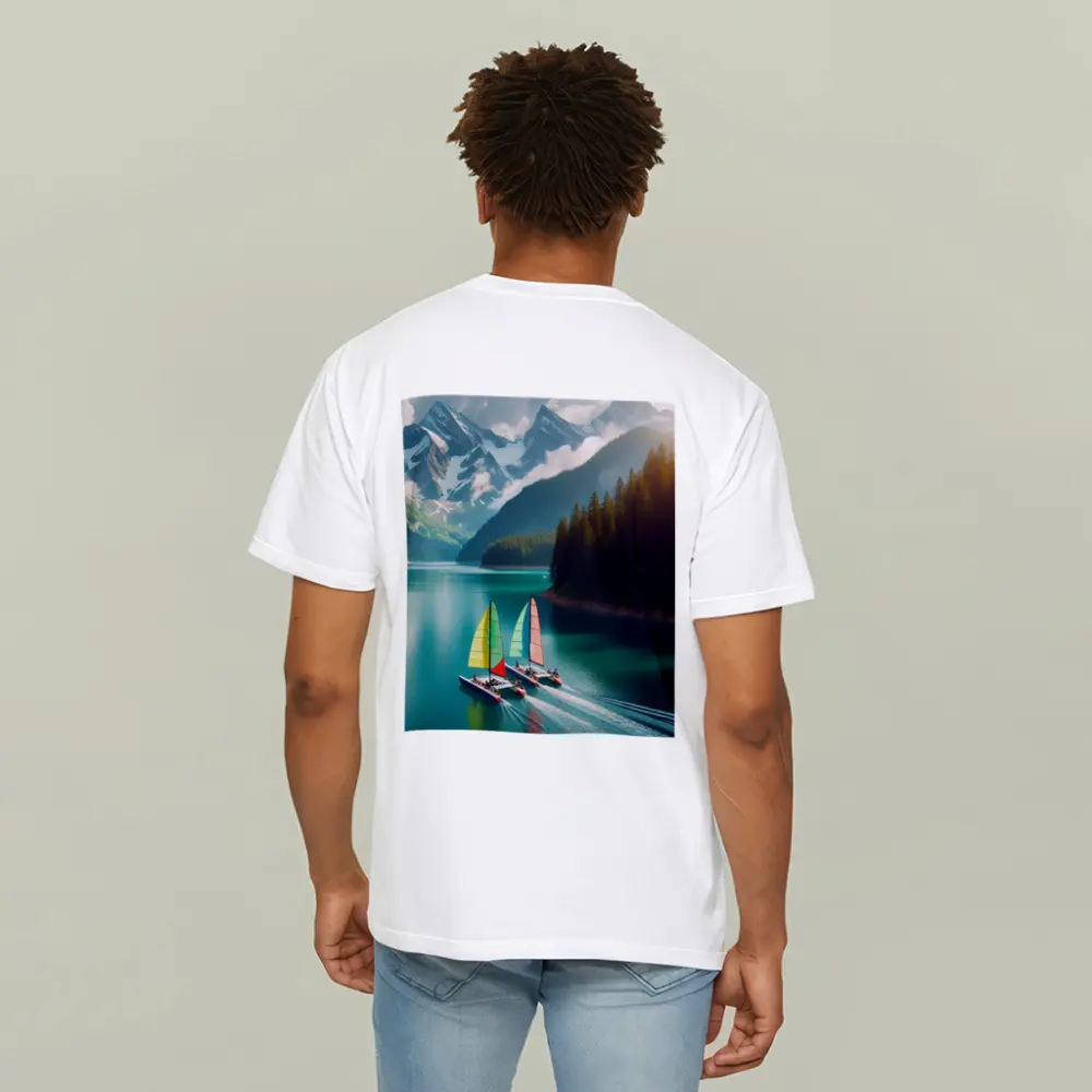 Colorful Sailboats on Turquoise Mountain Lake – T-Shirts